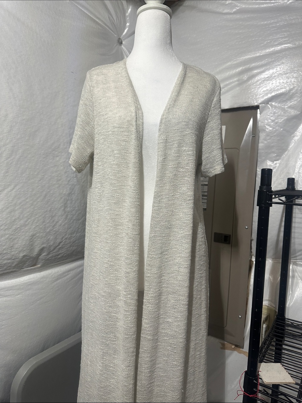 Light Cream Open-Front Short-Sleeve Knit Duster